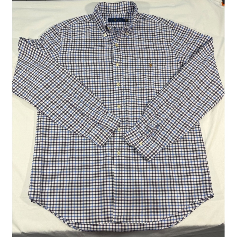 Ralph Lauren Mens Large Gingham Check Button Down Shirt Blue Purple Pony Logo